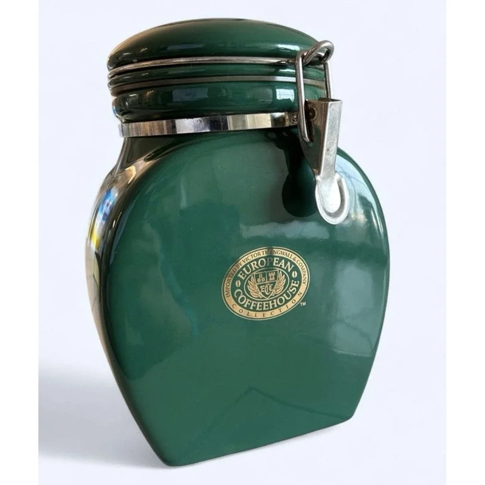 European Coffee House Ceramic Canister Jar Metal Close Lock Lid Green Engwall&Co